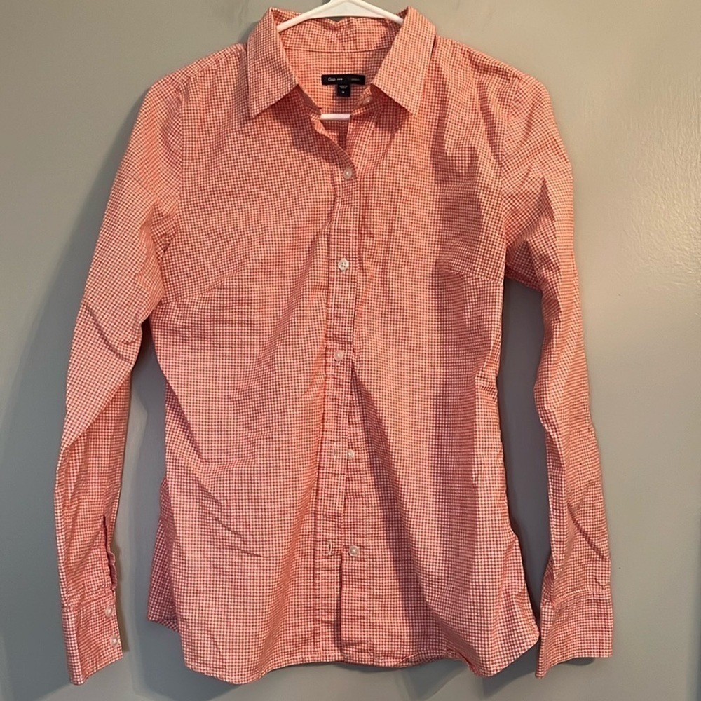 Gap Men's Orange Check Stretch Long Sleeve Button Down Shirt Size M